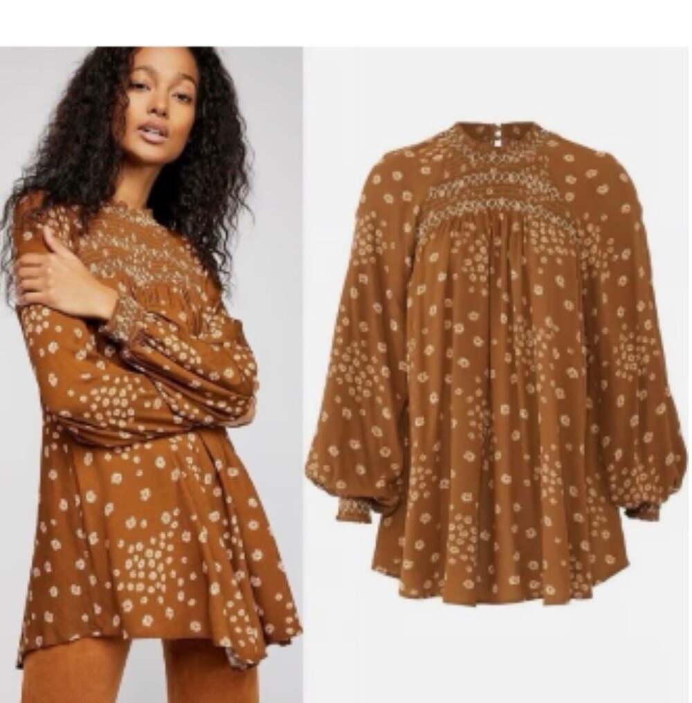 Free People Flowers In Her Hair Smocked Long Sleeve Floral Tunic